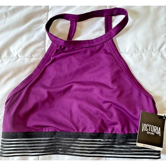 Victoria Sport Purple High Neck Sports Bra M NWT Racerback Striped Band - Picture 1 of 4